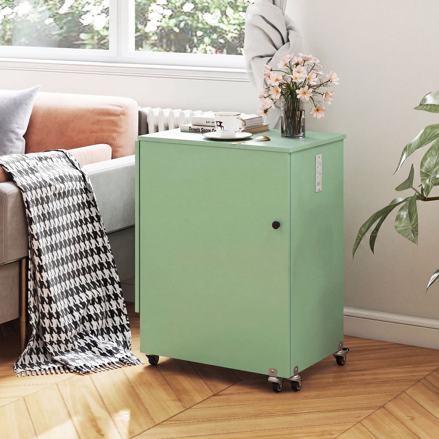 Folding Sewing Table with Charging Station and Casters