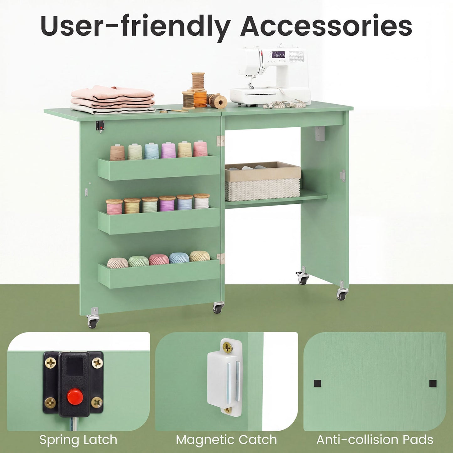 Folding Sewing Table with Charging Station and Casters