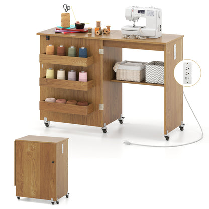 Folding Sewing Table with Charging Station and Casters