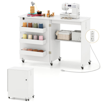 Folding Sewing Table with Charging Station and Casters