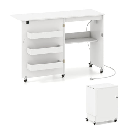 Folding Sewing Table with Charging Station and Casters