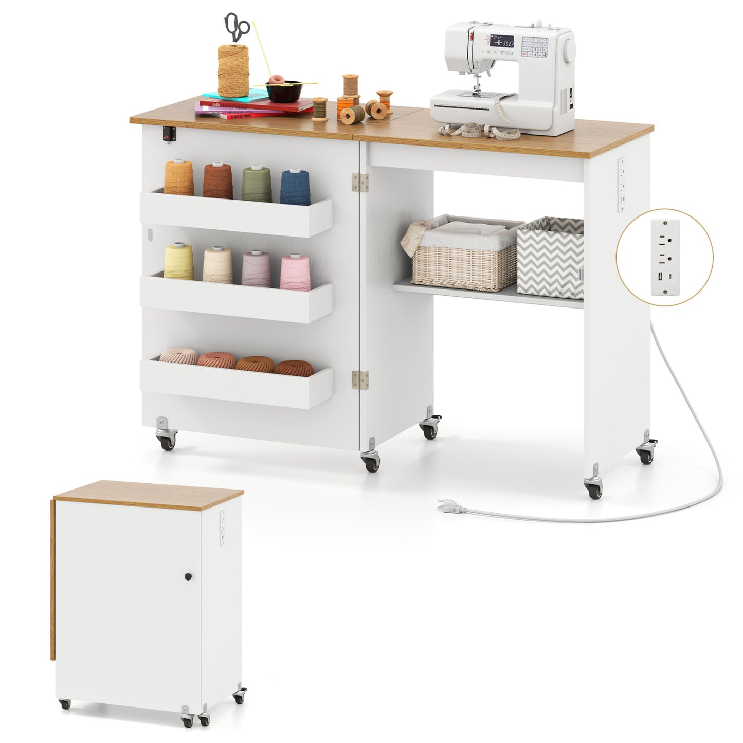 Folding Sewing Table with Charging Station and Casters