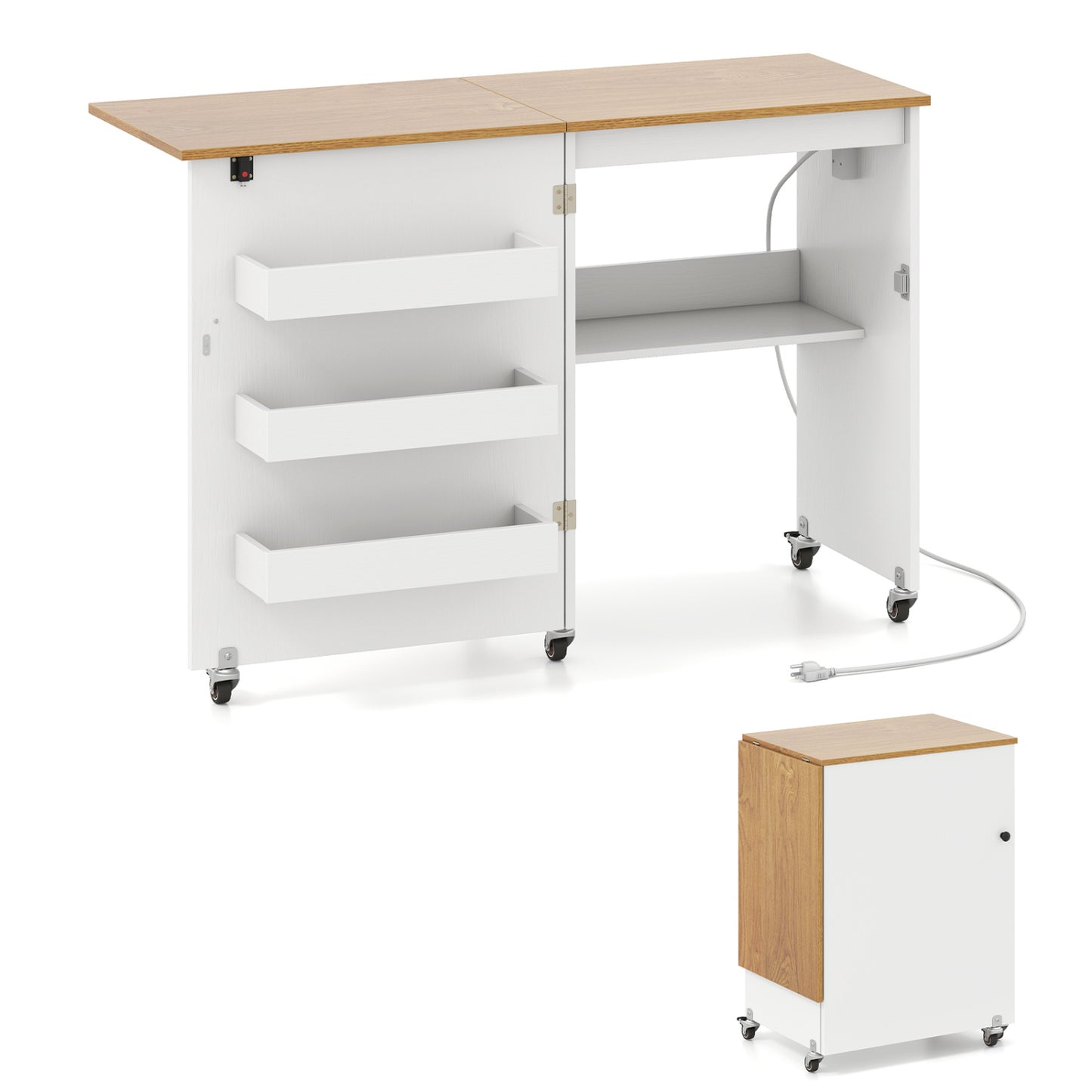 Folding Sewing Table with Charging Station and Casters