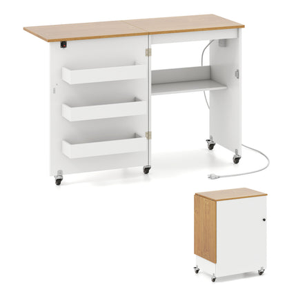 Folding Sewing Table with Charging Station and Casters