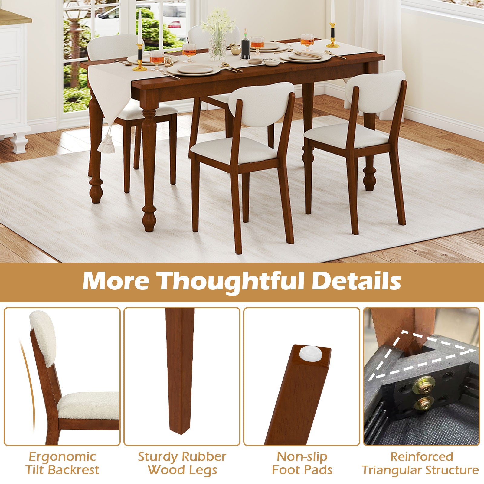 Sherpa Dining Chairs Set of 4 with Rubber Wood Legs for Dining Room-Walnut