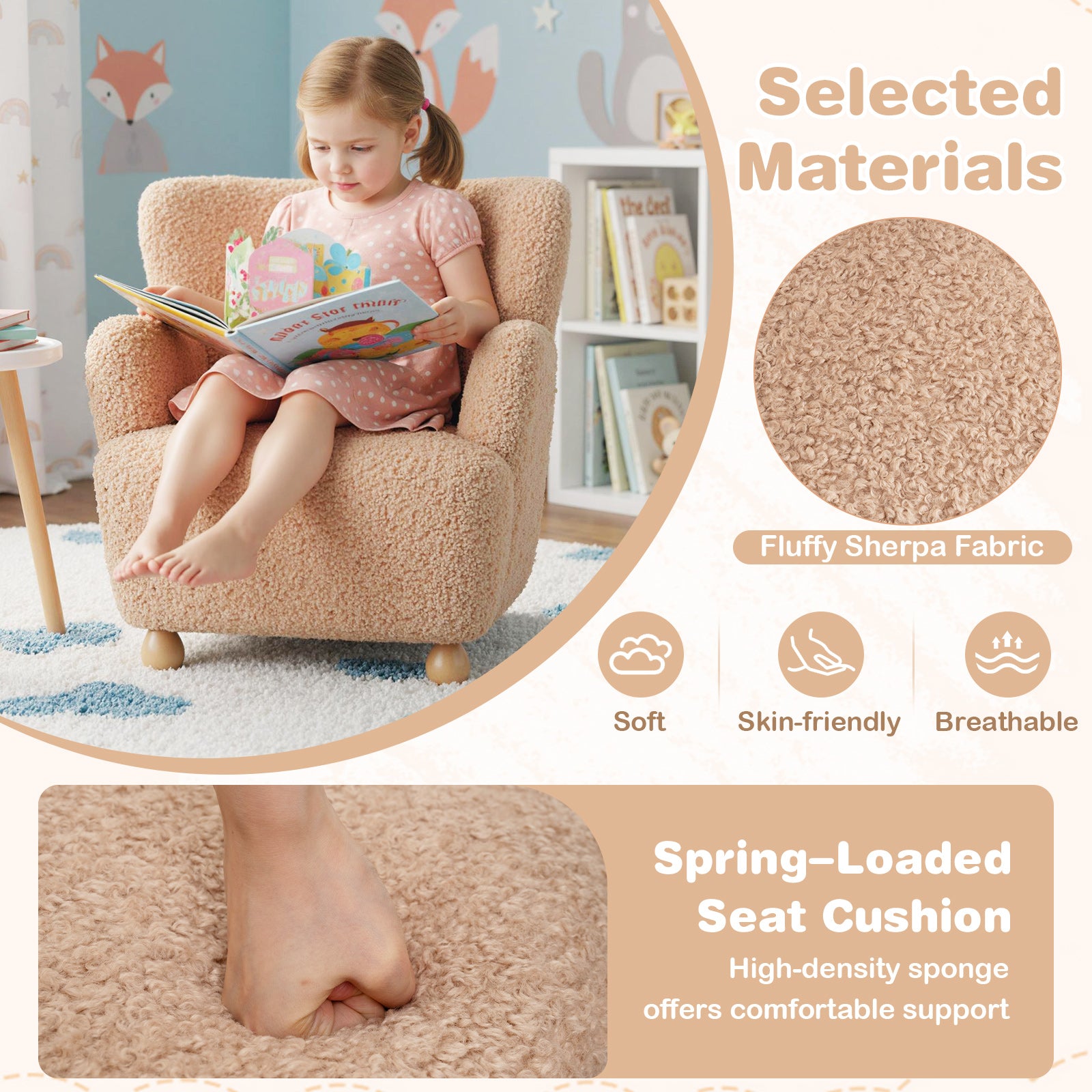 Sherpa Kids Sofa Comfy Toddler Armchair with Solid Rubber Wood Legs-Pink