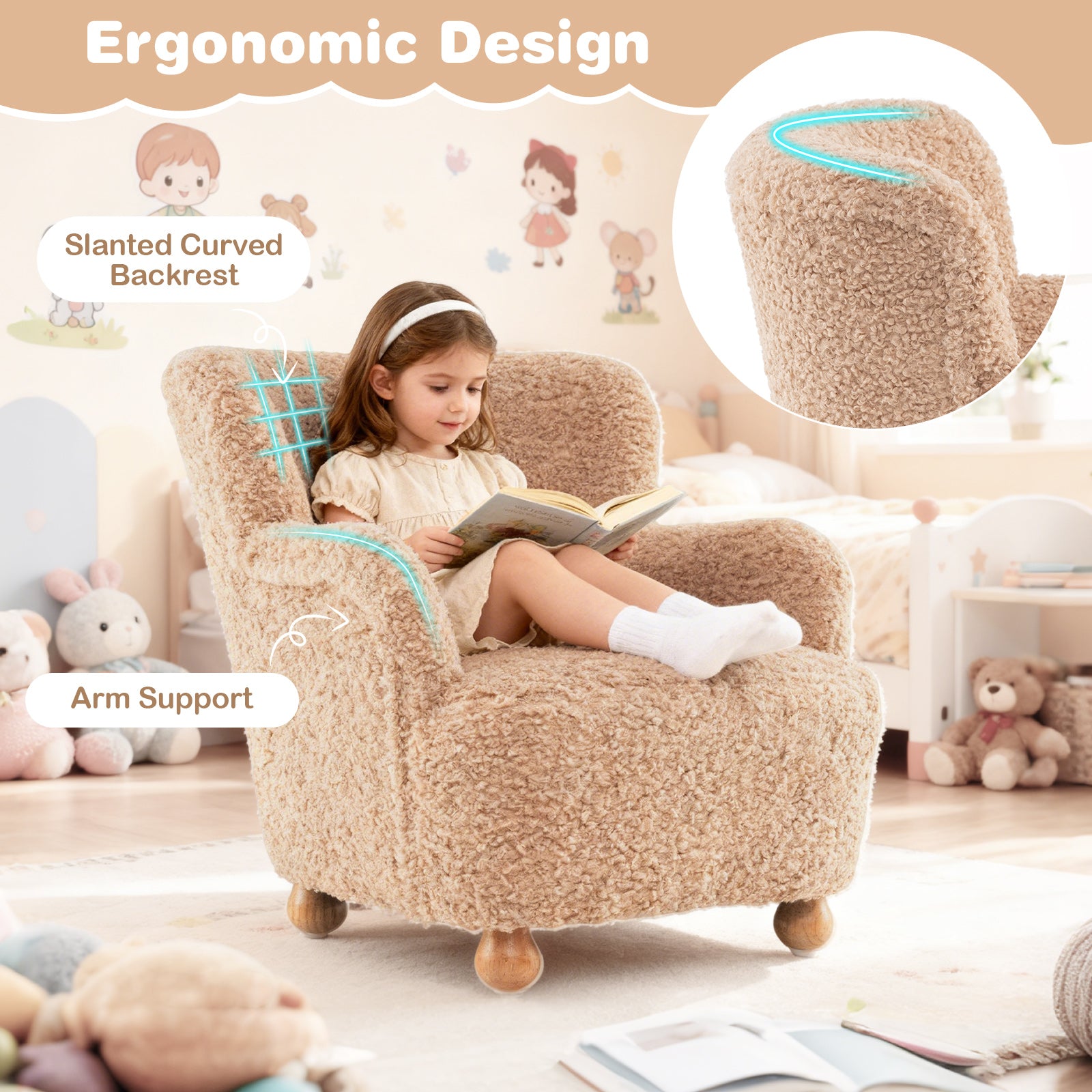 Sherpa Kids Sofa Comfy Toddler Armchair with Solid Rubber Wood Legs-Pink