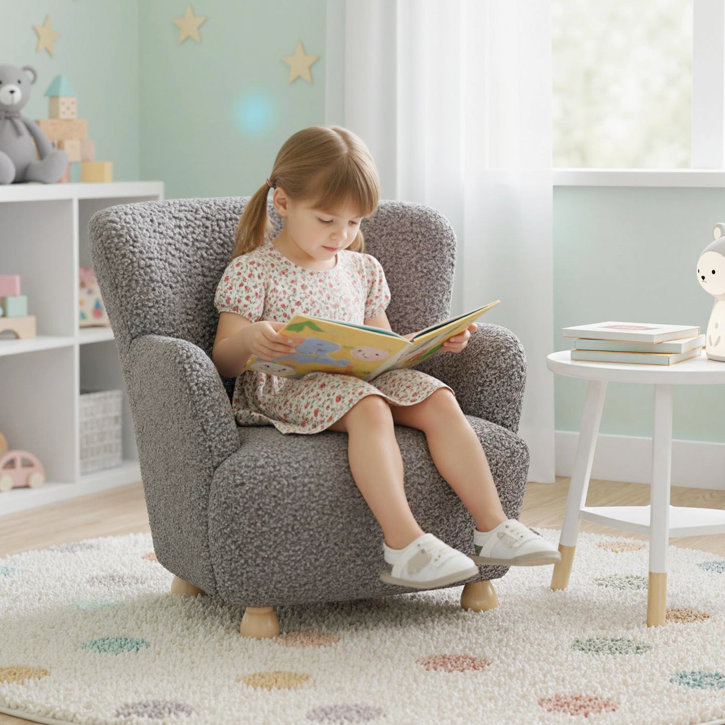 Sherpa Kids Sofa Comfy Toddler Armchair with Solid Rubber Wood Legs-Silver