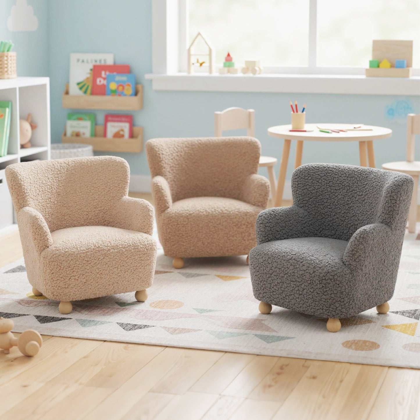 Sherpa Kids Sofa Comfy Toddler Armchair with Solid Rubber Wood Legs-Silver