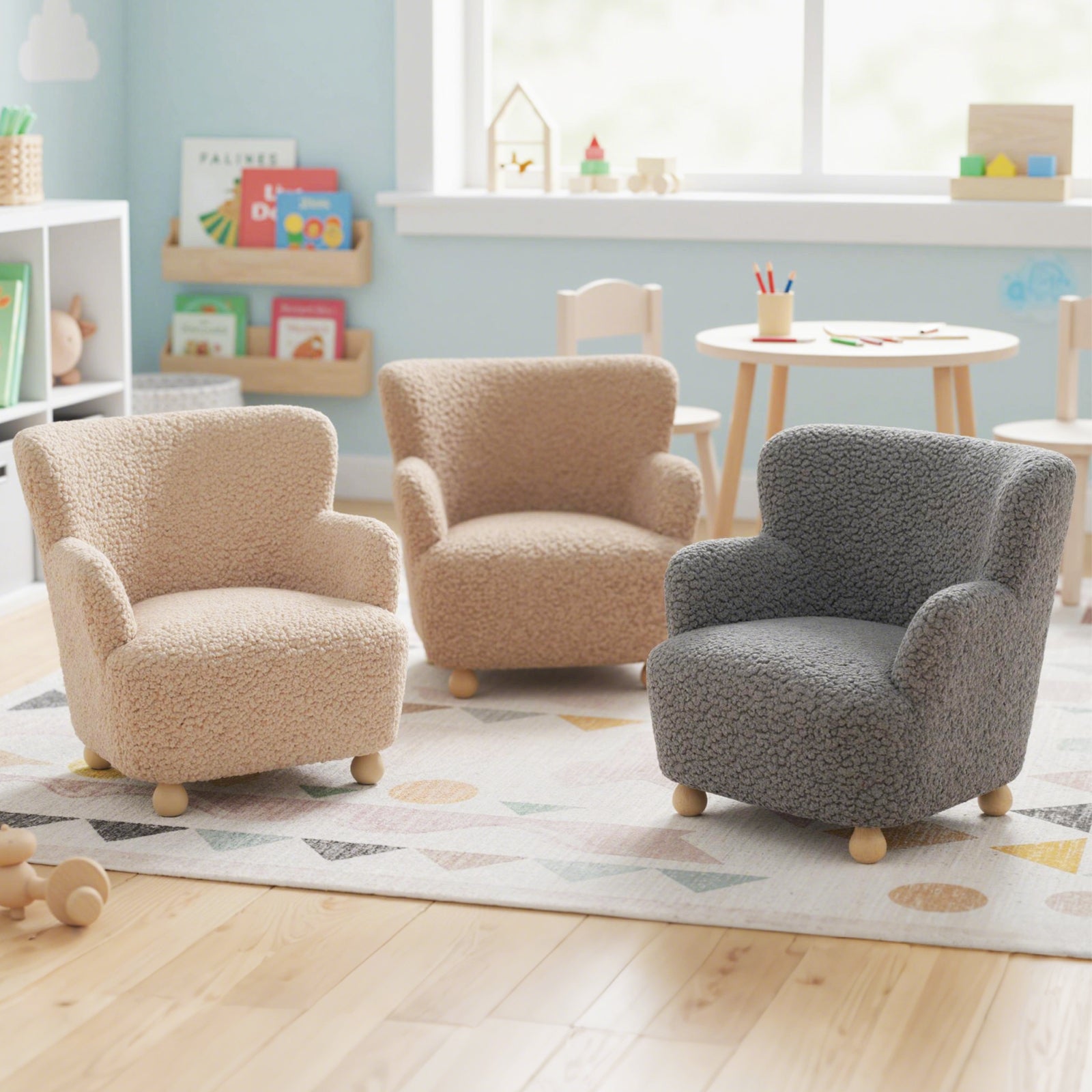 Sherpa Kids Sofa Comfy Toddler Armchair with Solid Rubber Wood Legs-Silver