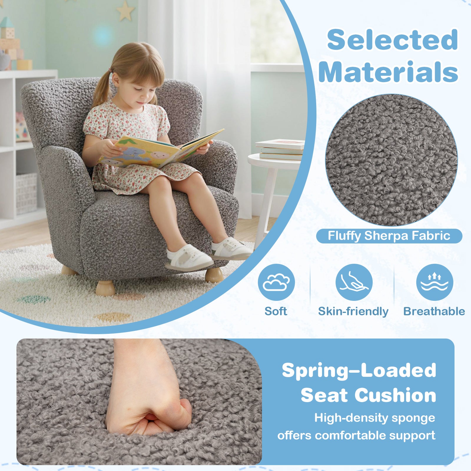 Sherpa Kids Sofa Comfy Toddler Armchair with Solid Rubber Wood Legs-Silver
