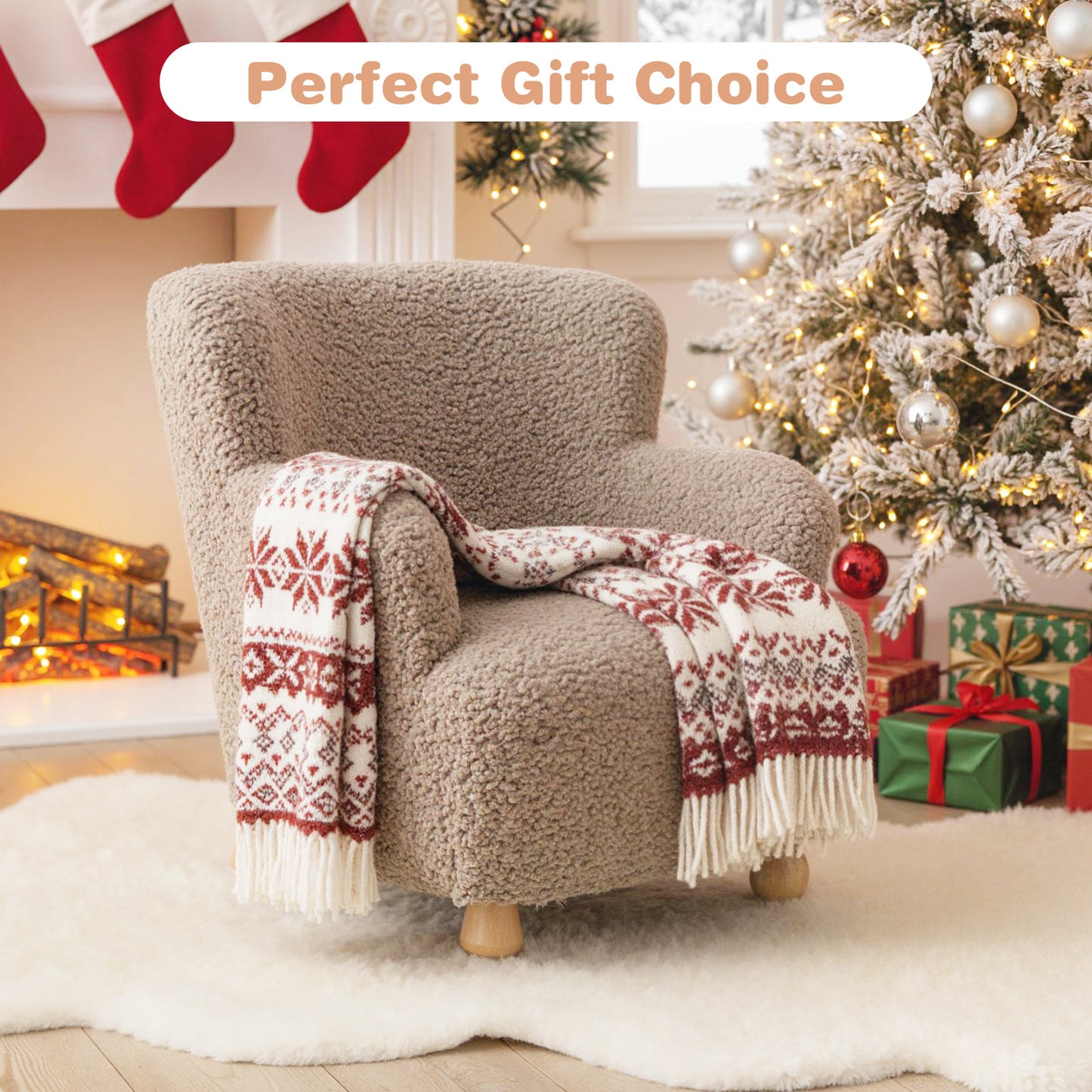 Sherpa Kids Sofa Comfy Toddler Armchair with Solid Rubber Wood Legs-Rustic Brown