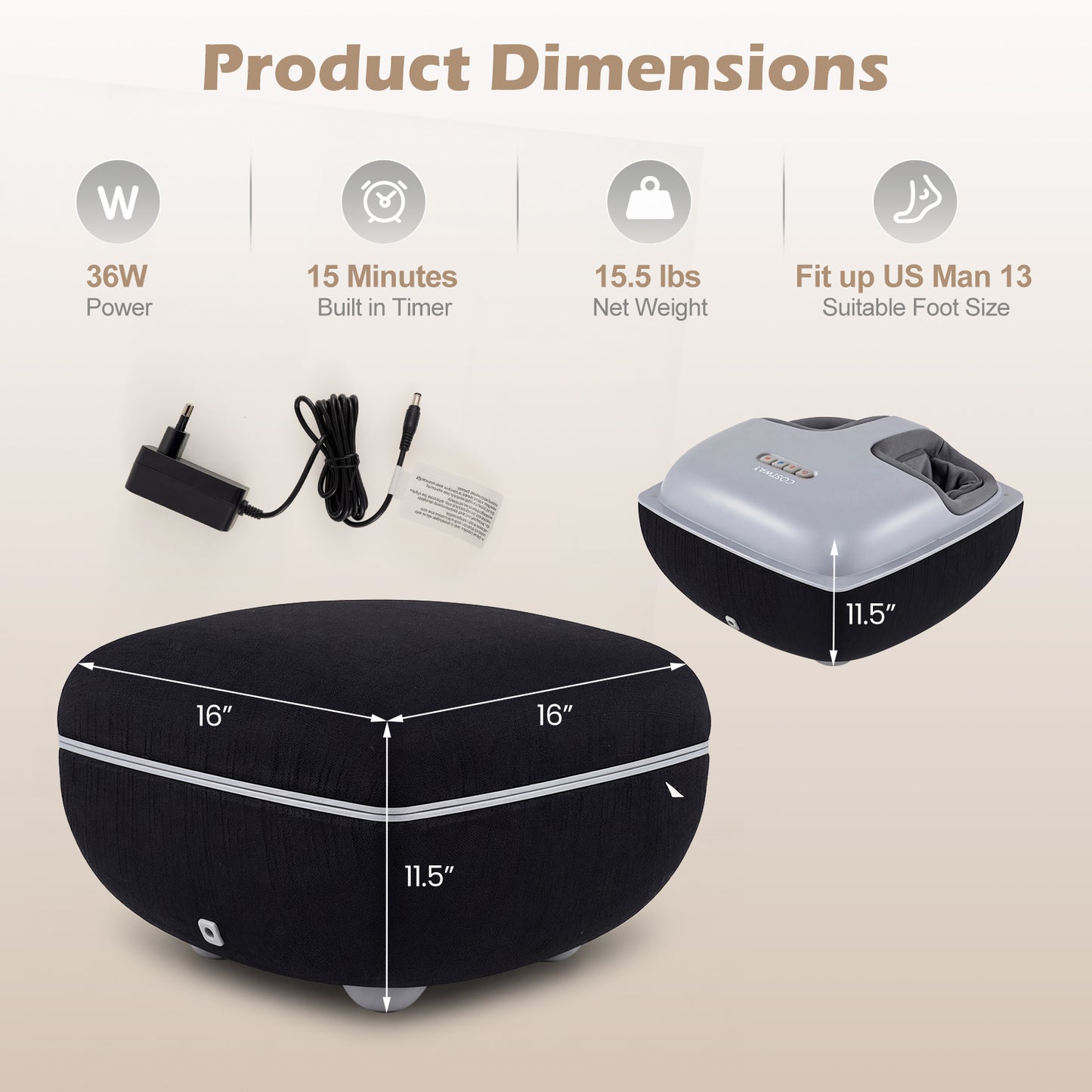 Shiatsu Foot Massager with 3-Level Deep Kneading and Air Compression-Black