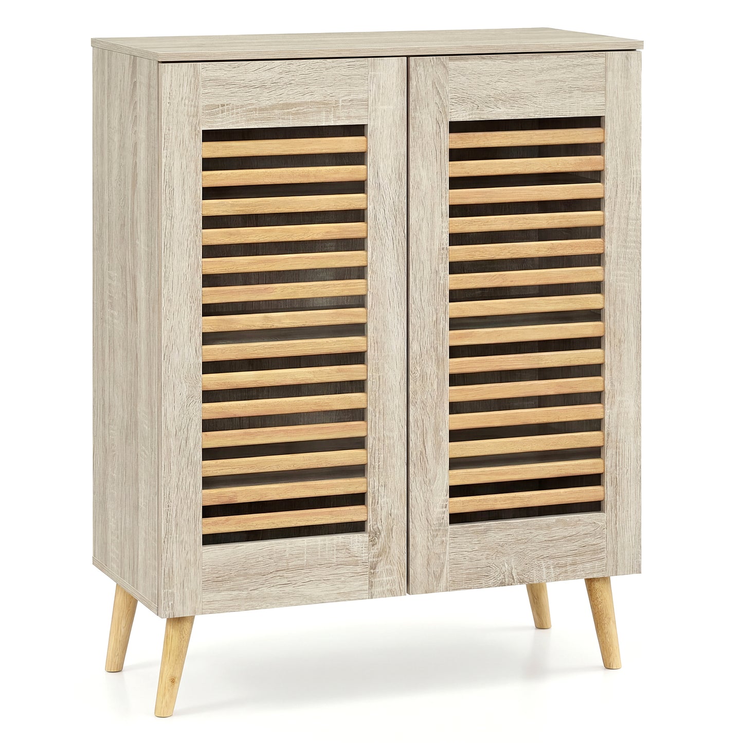 Shoe Cabinet with Louvered Doors and Removable Shelves-Natural