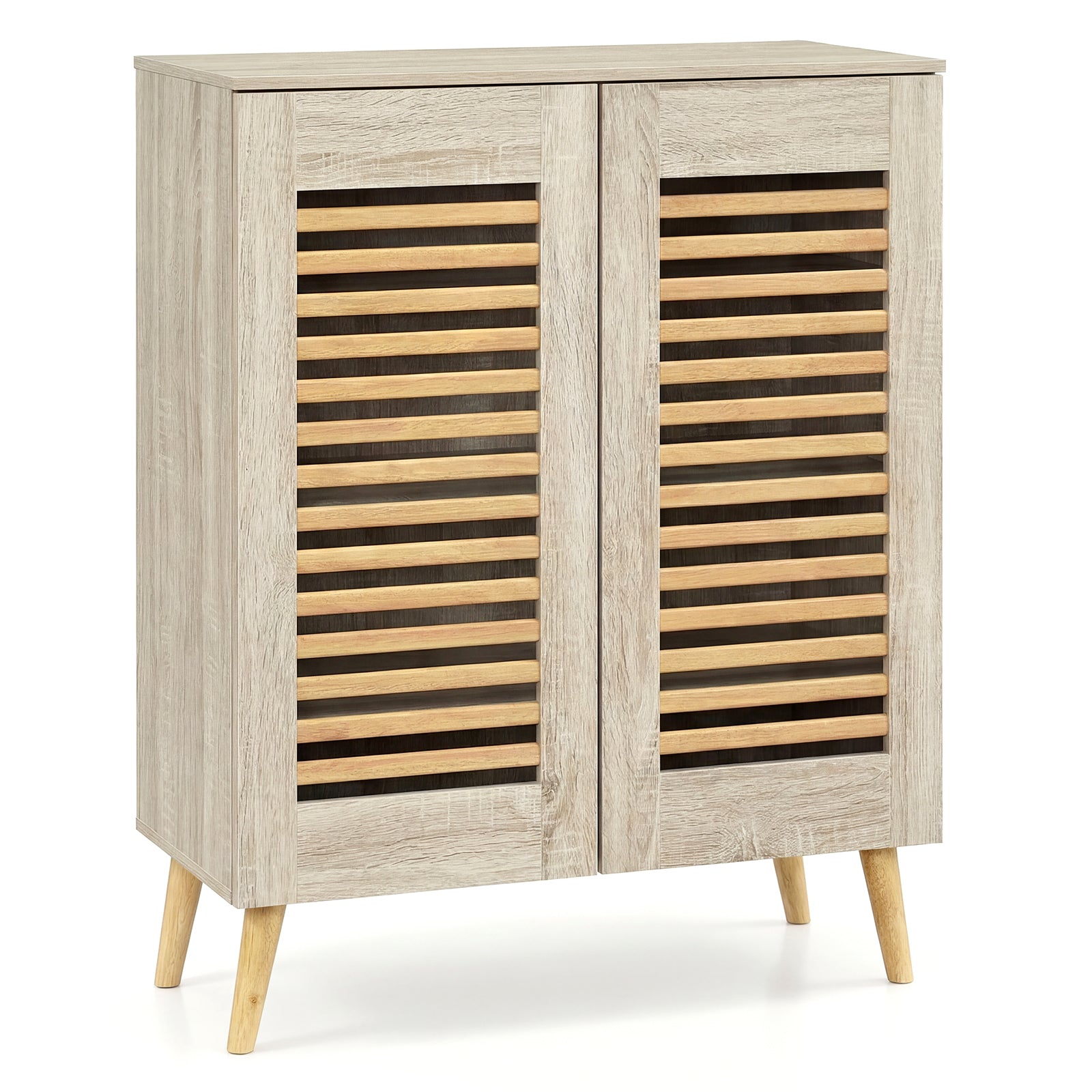 Shoe Cabinet with Louvered Doors and Removable Shelves-Natural