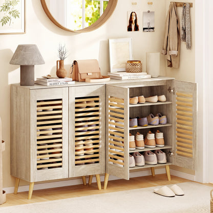 Shoe Cabinet with Louvered Doors and Removable Shelves-Natural