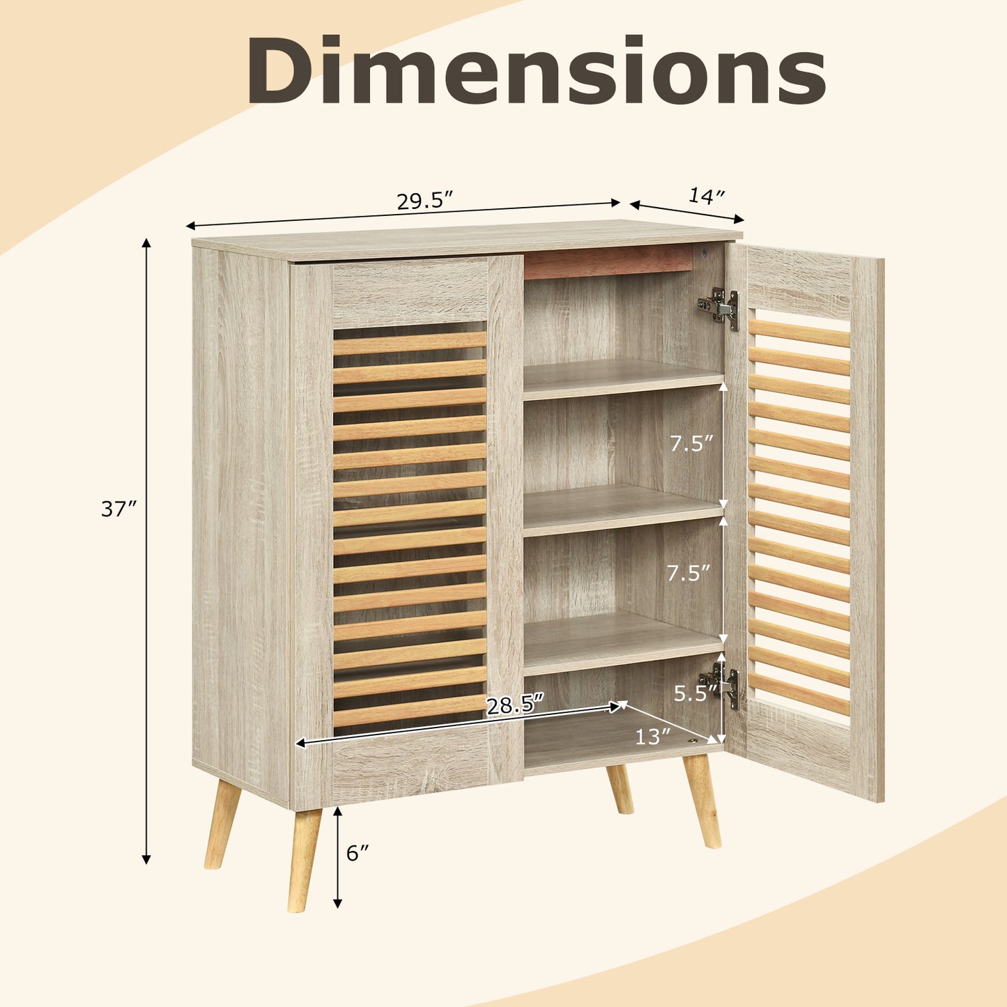 Shoe Cabinet with Louvered Doors and Removable Shelves-Natural