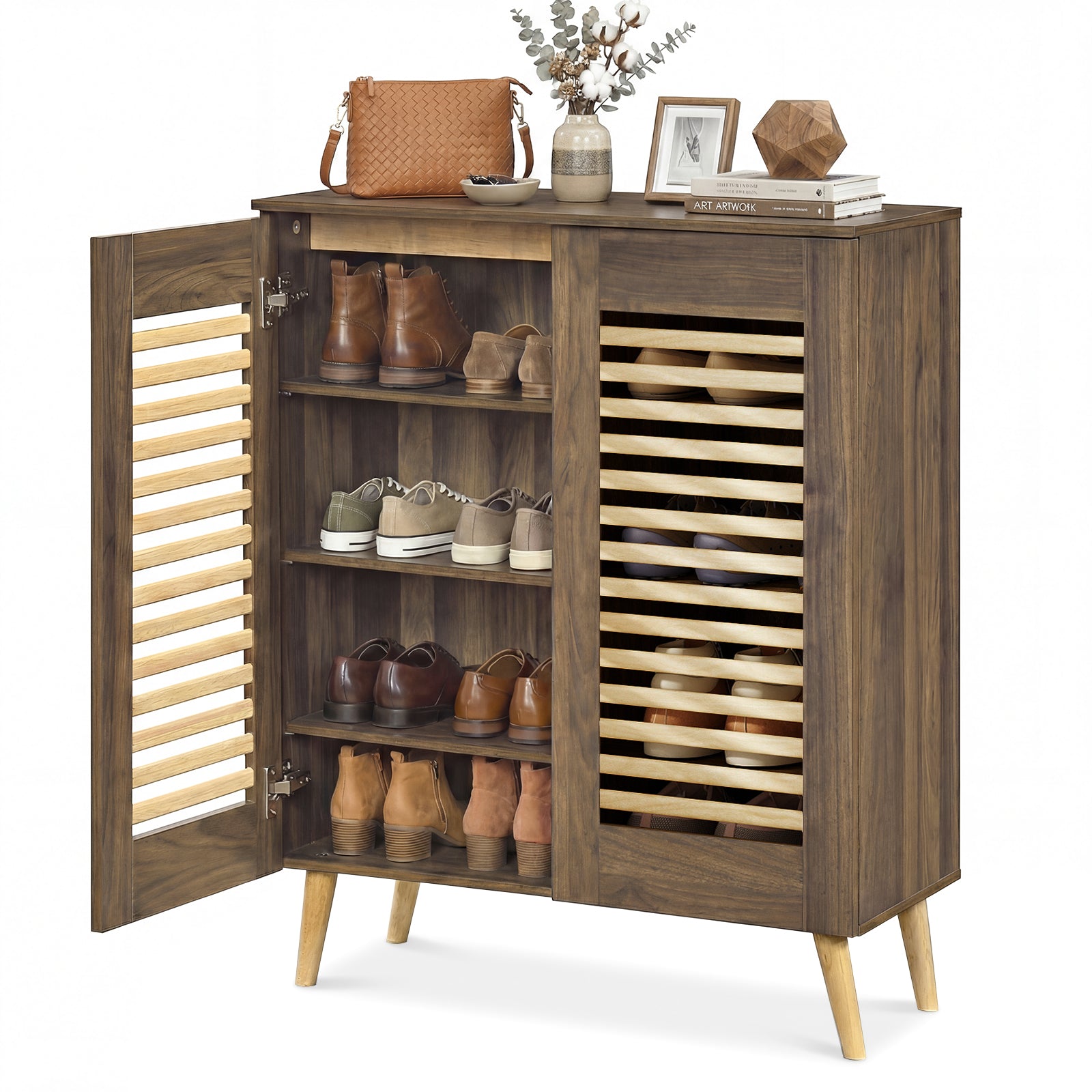 Shoe Cabinet with Louvered Doors and Removable Shelves-Walnut