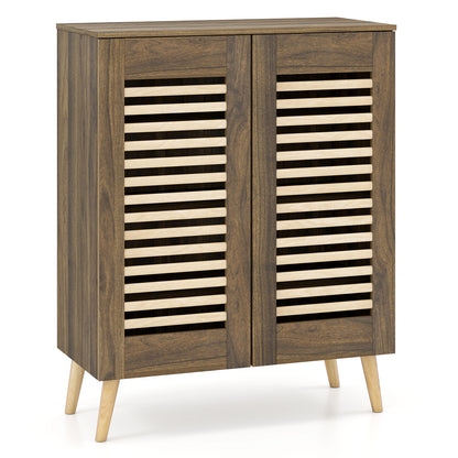 Shoe Cabinet with Louvered Doors and Removable Shelves-Walnut