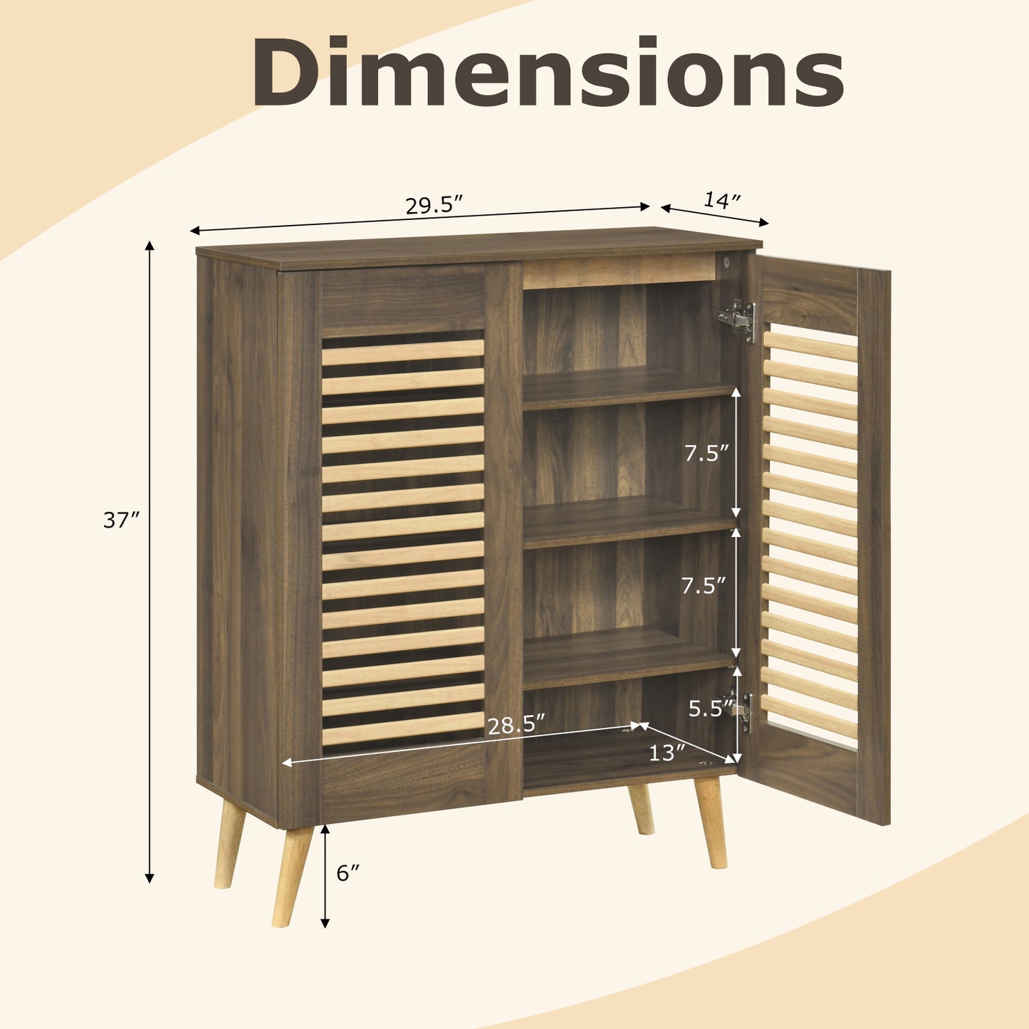 Shoe Cabinet with Louvered Doors and Removable Shelves-Walnut