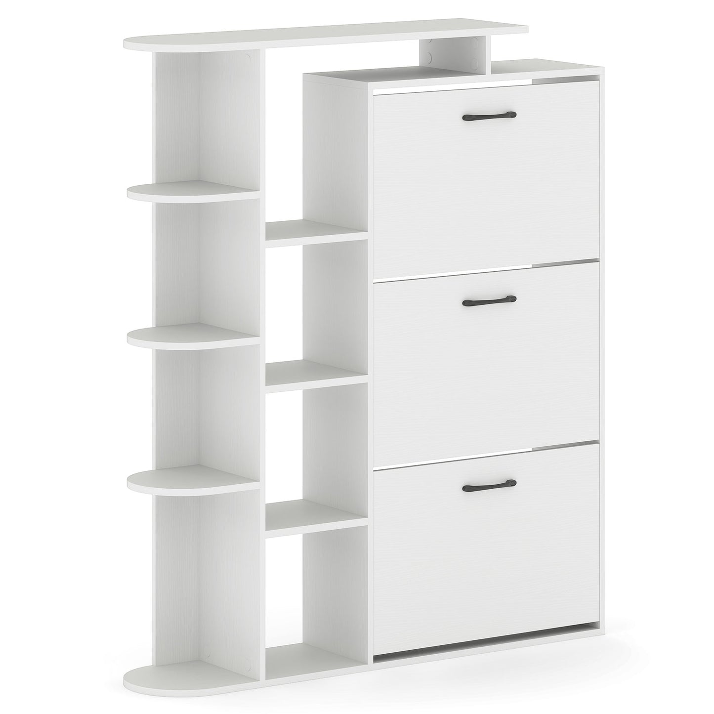 Shoe Cabinet with Open Shelves Modern Shoe Organizer with 3 Flip Drawers-White