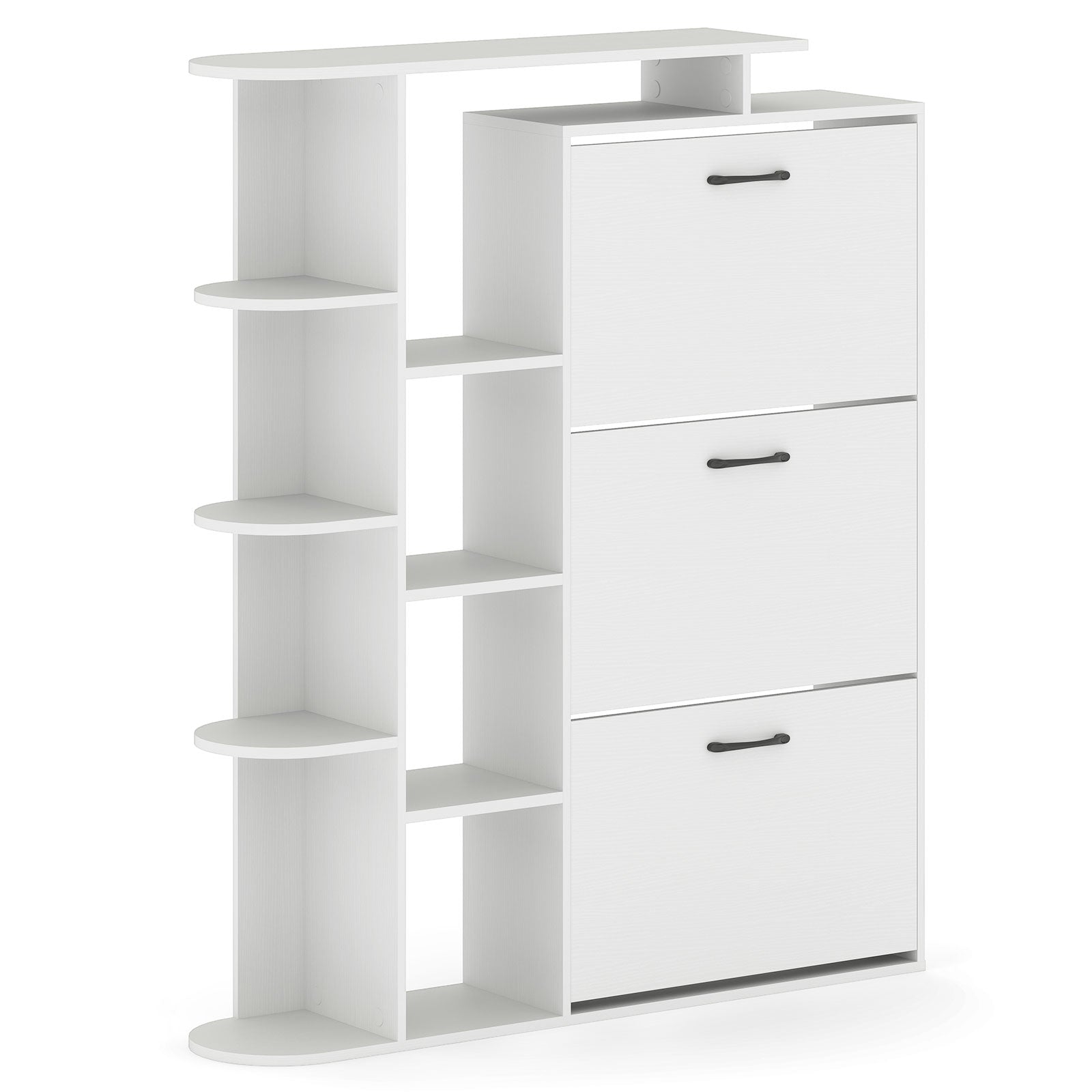 Shoe Cabinet with Open Shelves Modern Shoe Organizer with 3 Flip Drawers-White