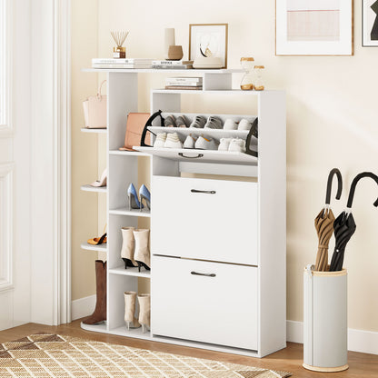 Shoe Cabinet with Open Shelves Modern Shoe Organizer with 3 Flip Drawers-White