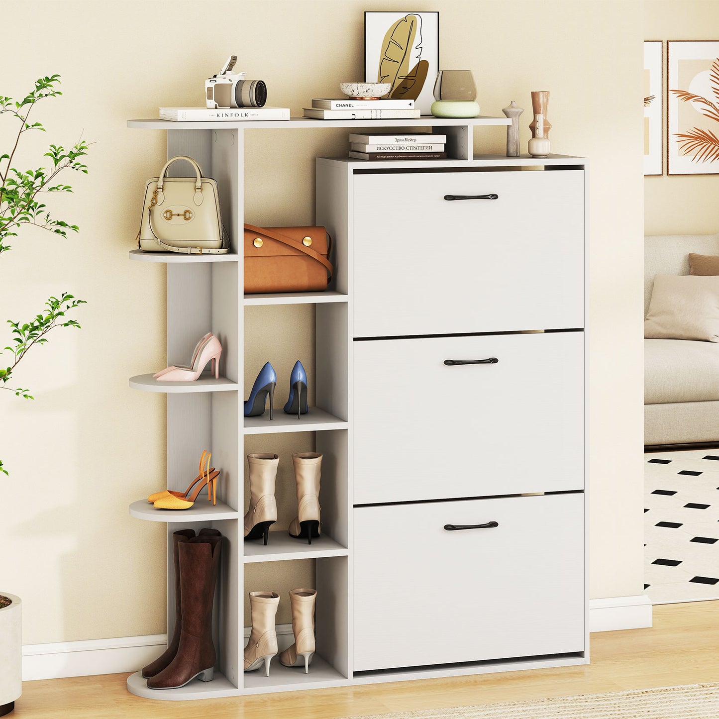 Shoe Cabinet with Open Shelves Modern Shoe Organizer with 3 Flip Drawers-White