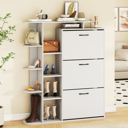 Shoe Cabinet with Open Shelves Modern Shoe Organizer with 3 Flip Drawers-White