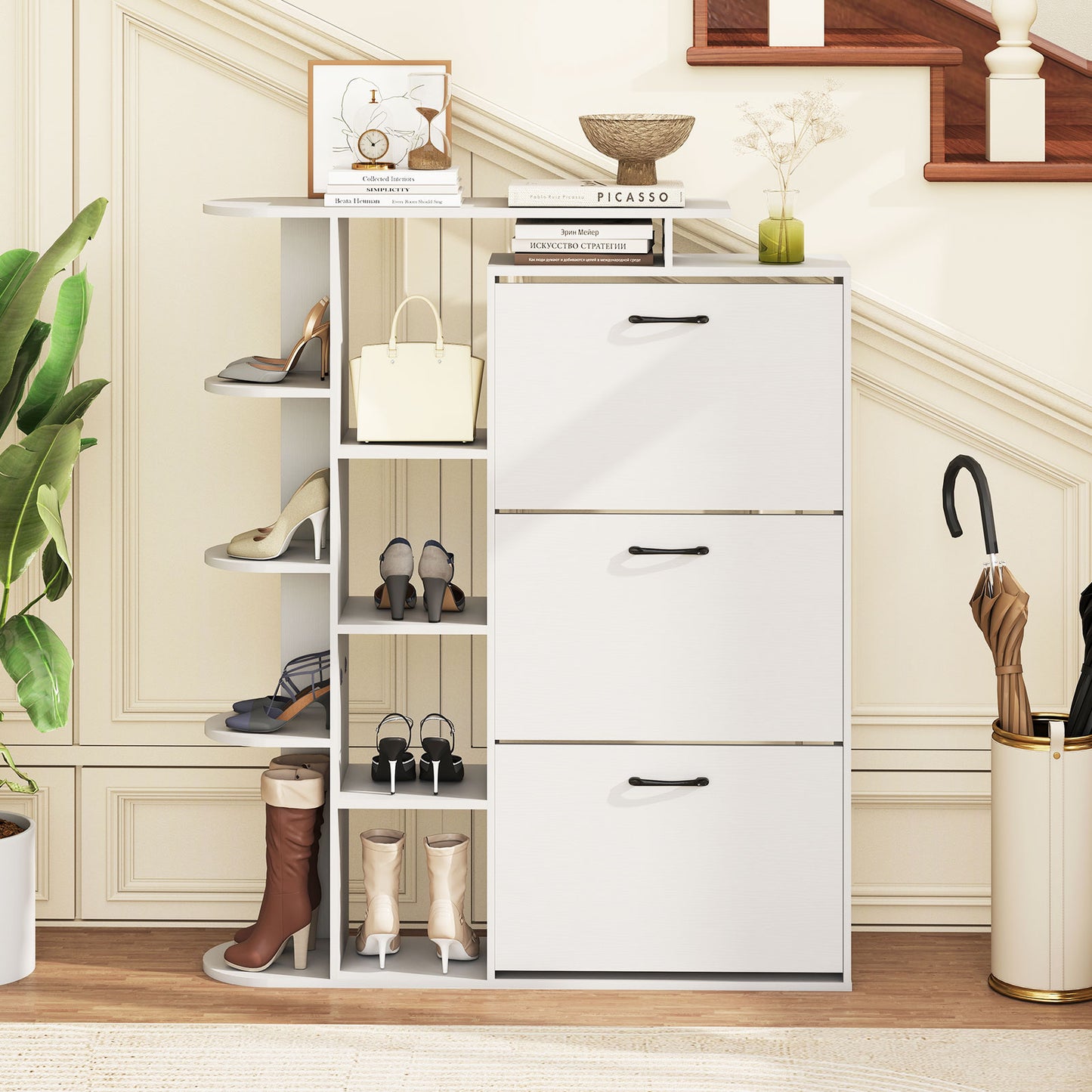 Shoe Cabinet with Open Shelves Modern Shoe Organizer with 3 Flip Drawers-White