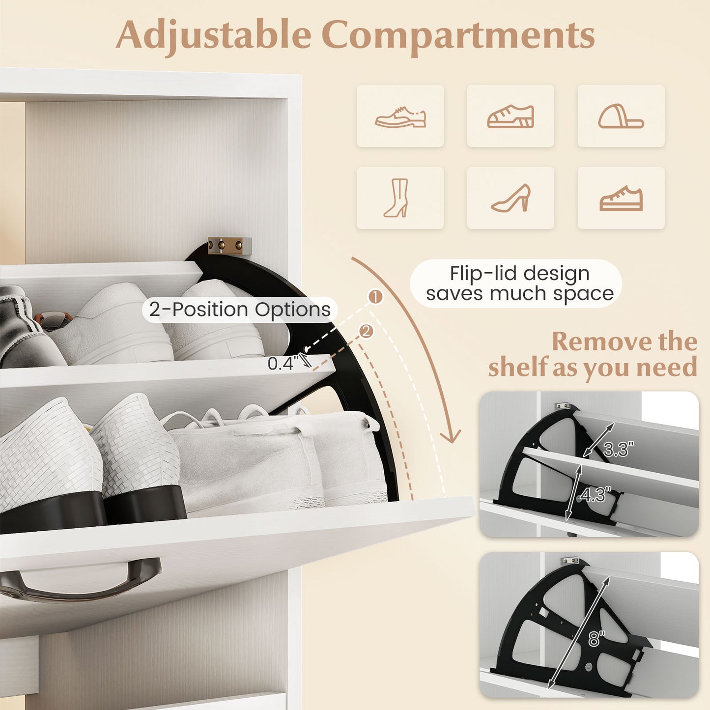 Shoe Cabinet with Open Shelves Modern Shoe Organizer with 3 Flip Drawers-White