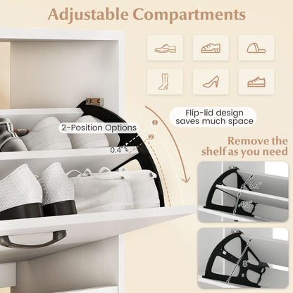 Shoe Cabinet with Open Shelves Modern Shoe Organizer with 3 Flip Drawers-White