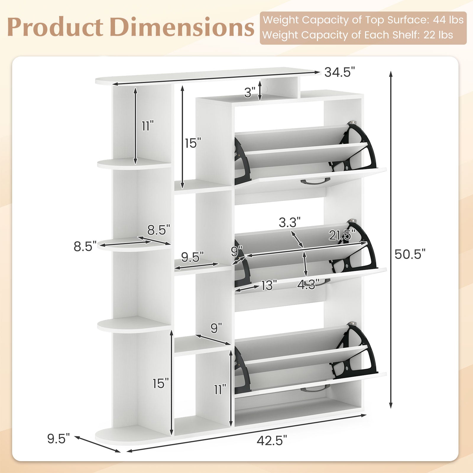 Shoe Cabinet with Open Shelves Modern Shoe Organizer with 3 Flip Drawers-White