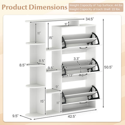 Shoe Cabinet with Open Shelves Modern Shoe Organizer with 3 Flip Drawers-White
