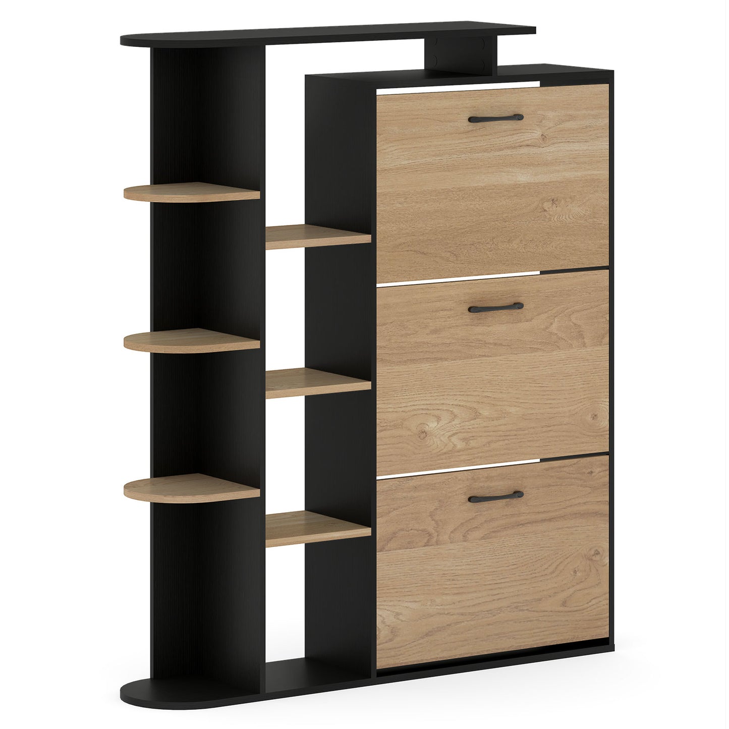 Shoe Cabinet with Open Shelves Modern Shoe Organizer with 3 Flip Drawers-Black