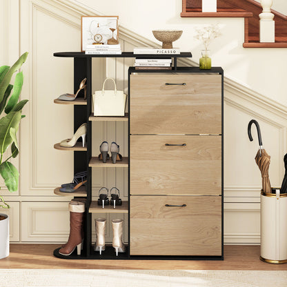 Shoe Cabinet with Open Shelves Modern Shoe Organizer with 3 Flip Drawers-Black