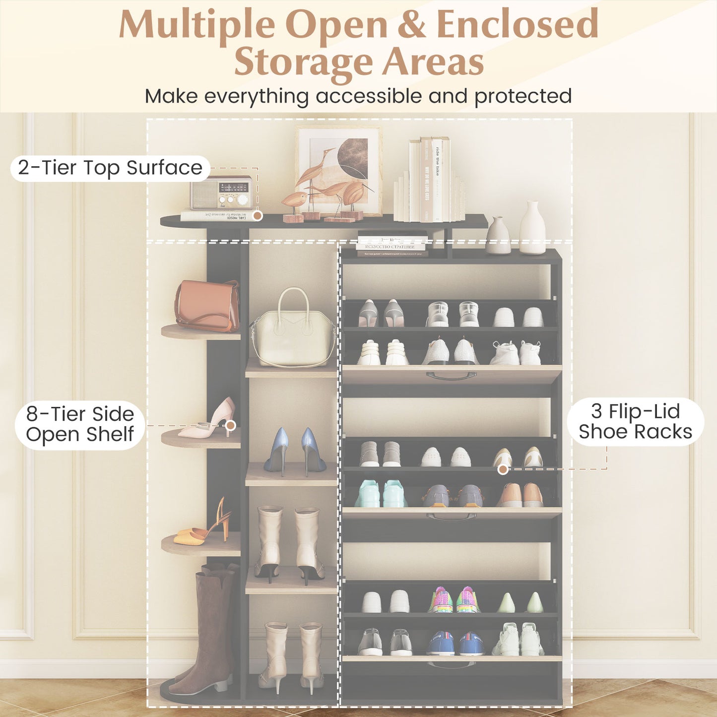 Shoe Cabinet with Open Shelves Modern Shoe Organizer with 3 Flip Drawers-Black
