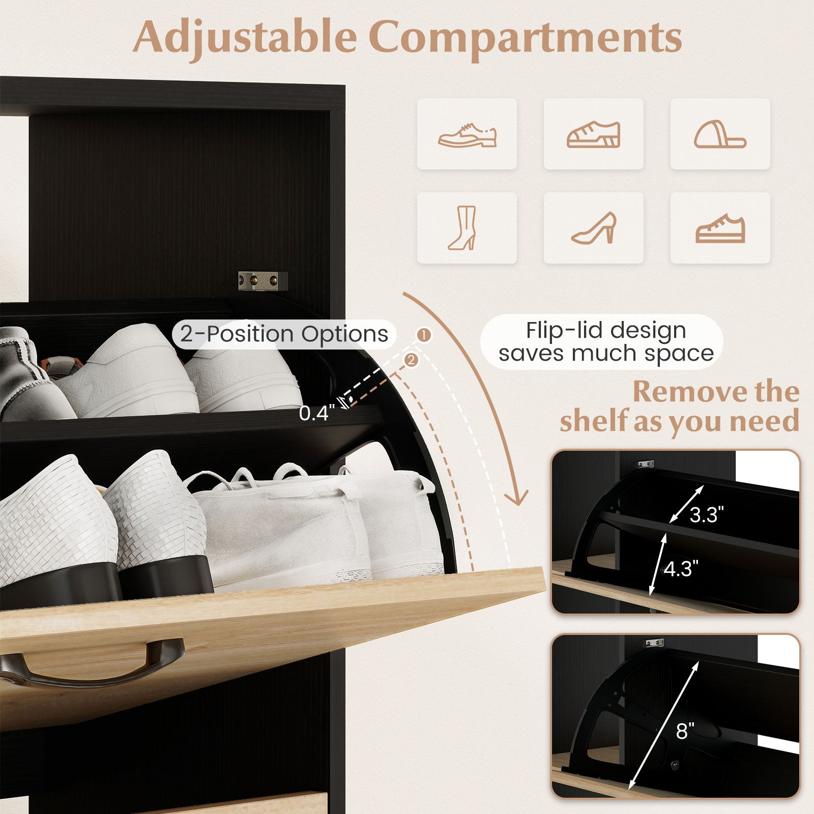 Shoe Cabinet with Open Shelves Modern Shoe Organizer with 3 Flip Drawers-Black