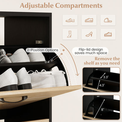 Shoe Cabinet with Open Shelves Modern Shoe Organizer with 3 Flip Drawers-Black