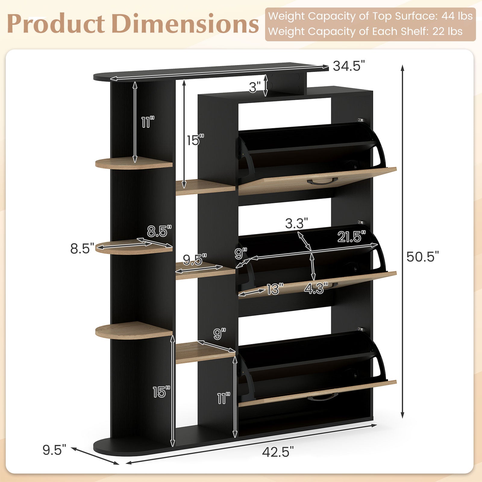 Shoe Cabinet with Open Shelves Modern Shoe Organizer with 3 Flip Drawers-Black