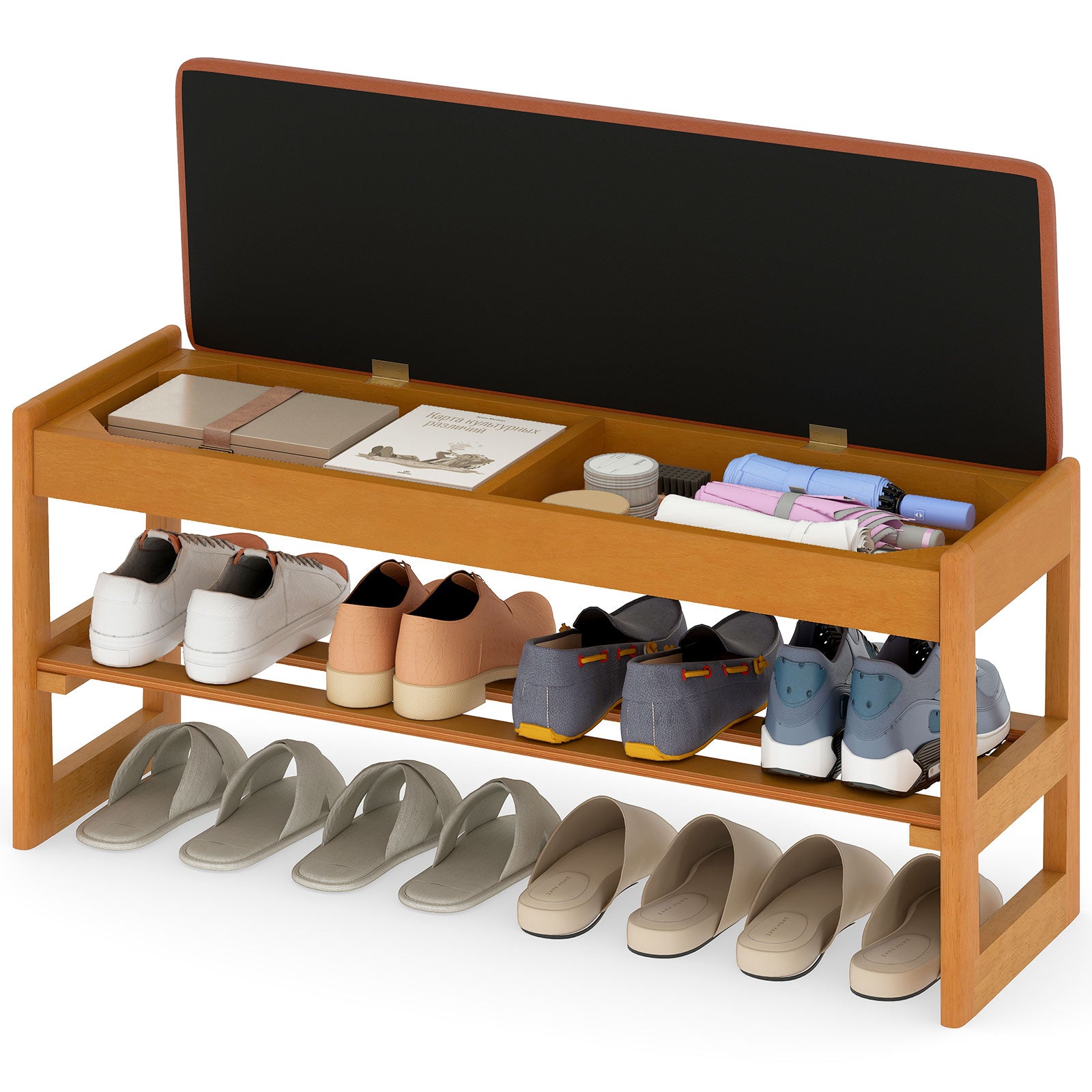 Shoe Rack Bench with Storage 2-Tier Rubberwood Entryway Bench with Flip-Open Storage-Brown