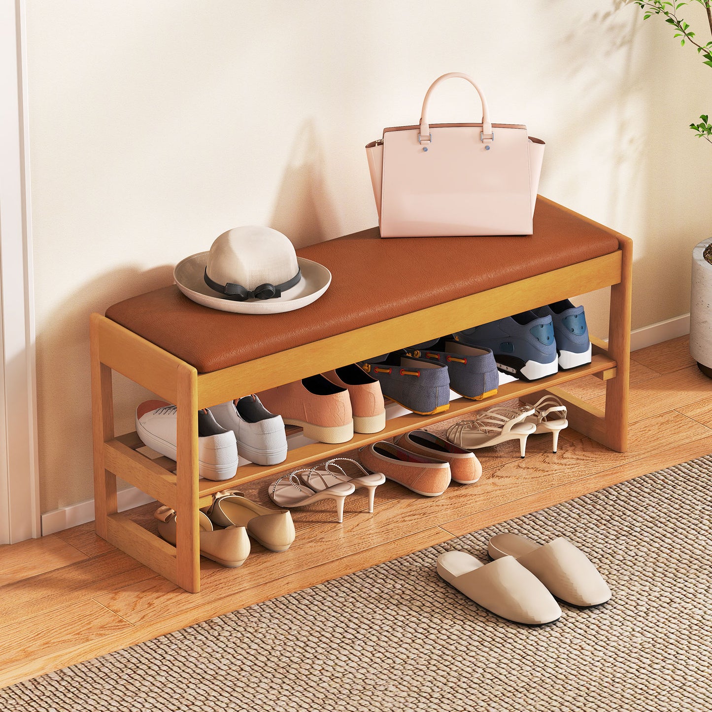 Shoe Rack Bench with Storage 2-Tier Rubberwood Entryway Bench with Flip-Open Storage-Brown