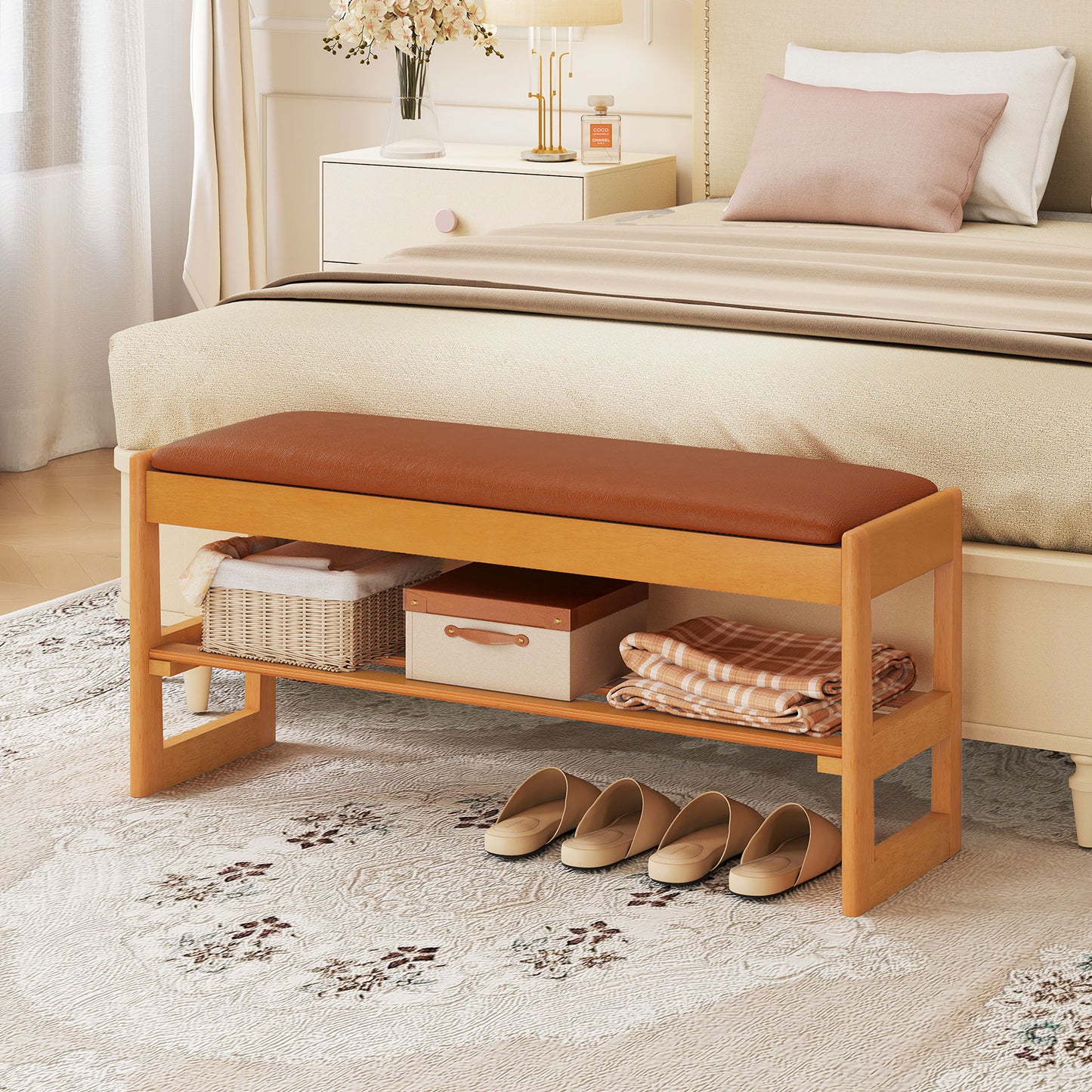 Shoe Rack Bench with Storage 2-Tier Rubberwood Entryway Bench with Flip-Open Storage-Brown