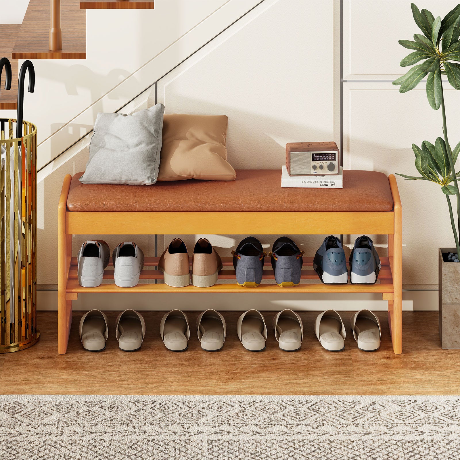 Shoe Rack Bench with Storage 2-Tier Rubberwood Entryway Bench with Flip-Open Storage-Brown