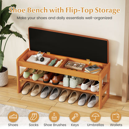 Shoe Rack Bench with Storage 2-Tier Rubberwood Entryway Bench with Flip-Open Storage-Brown