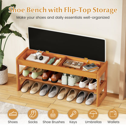 Shoe Rack Bench with Storage 2-Tier Rubberwood Entryway Bench with Flip-Open Storage-Beige