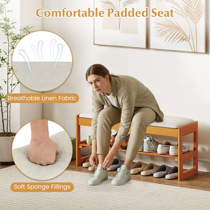 Shoe Rack Bench with Storage 2-Tier Rubberwood Entryway Bench with Flip-Open Storage-Beige