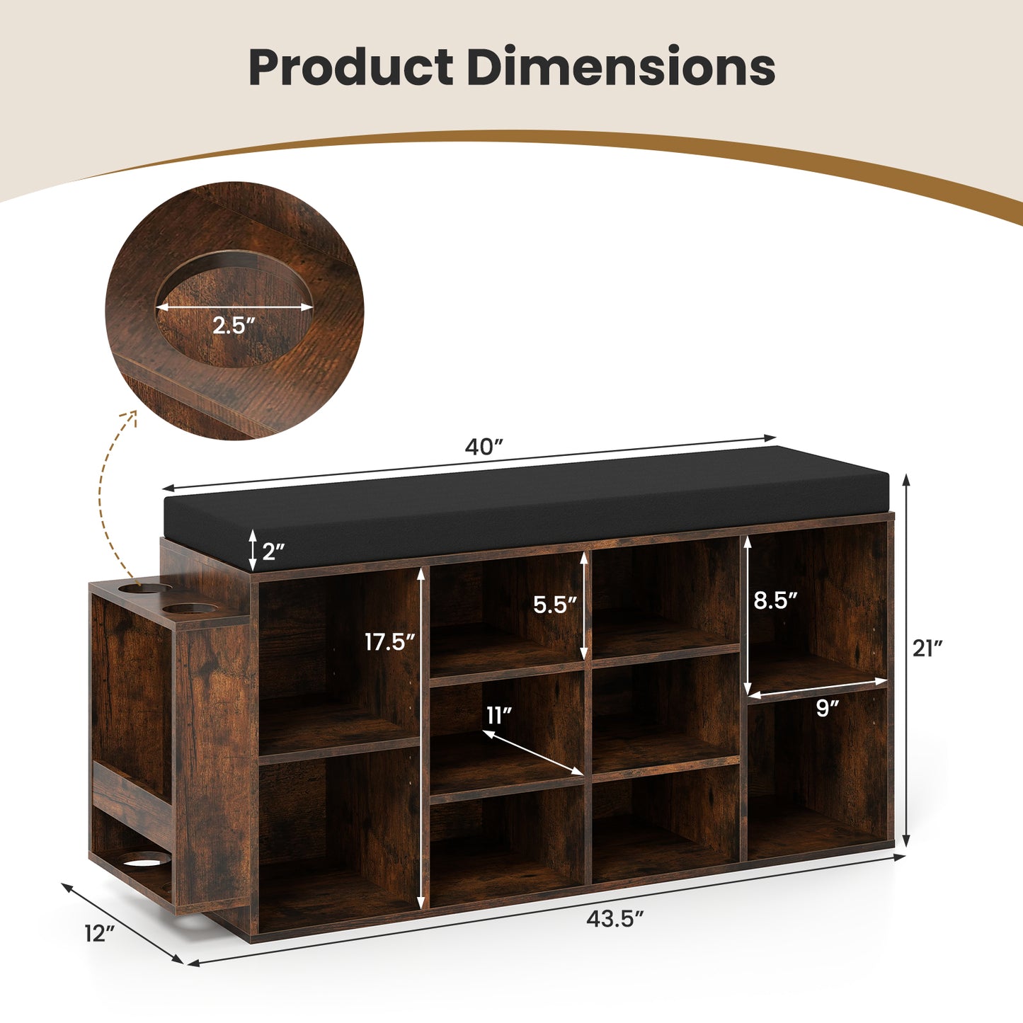Shoe Storage Bench with Umbrella Stand 10-Cubby Entryway Shoe Rack Organizer-Rustic Brown