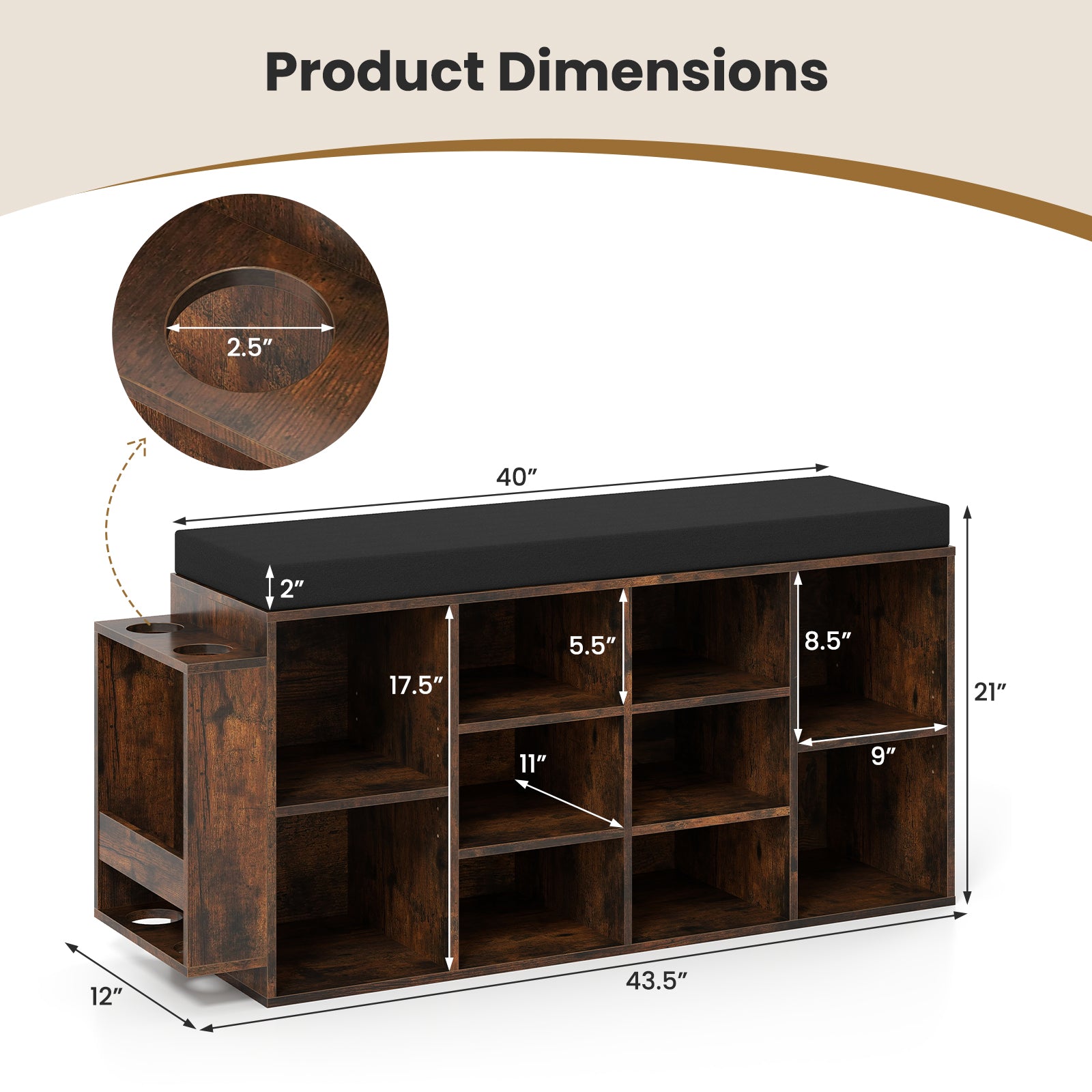 Shoe Storage Bench with Umbrella Stand 10-Cubby Entryway Shoe Rack Organizer-Rustic Brown