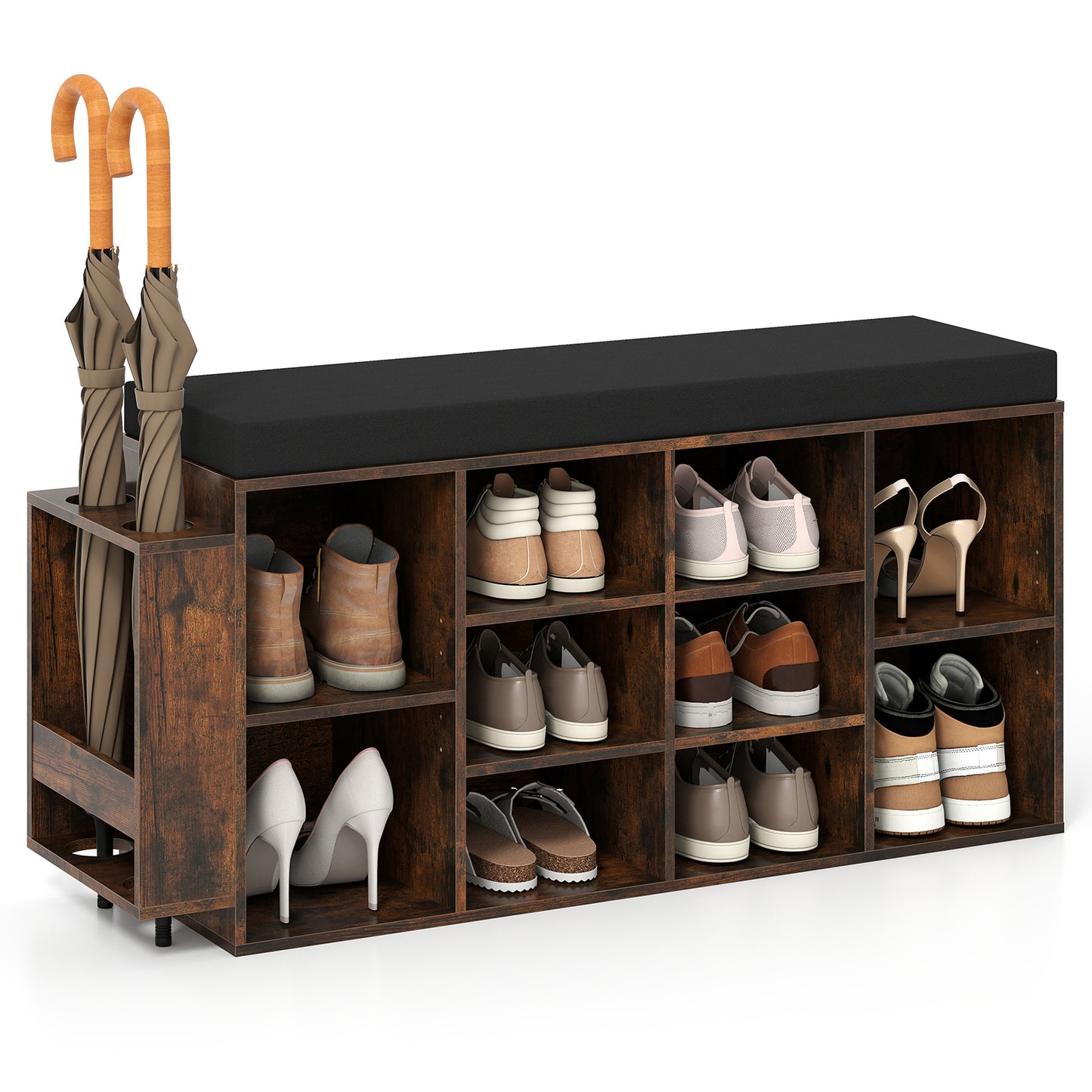 Shoe Storage Bench with Umbrella Stand 10-Cubby Entryway Shoe Rack Organizer-Rustic Brown